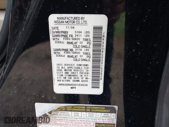 2005 Infiniti FX с VIN JNRAS08U05X102838, выставлен на аукционе IAAI как лот 42561816 с пробегом 242 263 миль миль и . История ставок и продаж доступна на DreamBid. Изображение 9.