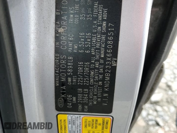2006 Kia Sedona LX with VIN KNDMB233X66086517, listed as a Copart auction lot 49171424 with 167,999 mi miles and Salvage Title. Bid and sale history available at carsss.com. Image 13.