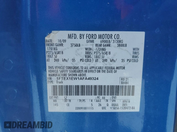 2010 Ford F-150 XL z VIN 1FTEX1EW1AFA49324, wystawiony jako Copart lot #65012455 z przebiegiem Nie podano mil oraz Szkoda całkowita • Salvage title. Historia ofert i sprzedaży dostępna na DreamBid. Obrazek 12.