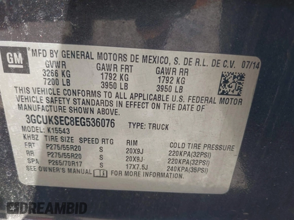 2014 Chevrolet Silverado 1500 LTZ with VIN 3GCUKSEC8EG536076, listed as a IAAI auction lot 41464408 with 133,418 mi miles and . Bid and sale history available at DreamBid. Image 9.