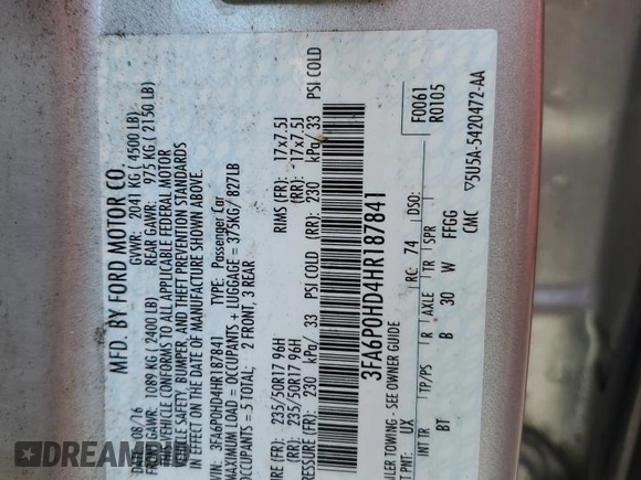 2017 Ford Fusion SE with VIN 3FA6P0HD4HR187841, listed as a Copart auction lot 61766415 with 74,303 mi miles and Salvage title. Bid and sale history available at DreamBid. Image 12.