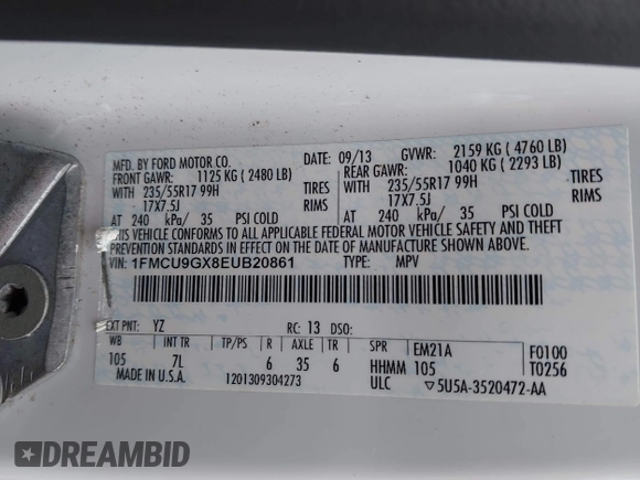 2014 Ford Escape SE with VIN 1FMCU9GX8EUB20861, listed as a IAAI auction lot 42711534 with Not provided miles and . Bid and sale history available at DreamBid. Image 9.