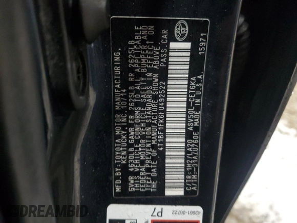 2015 Toyota Camry XLE with VIN 4T1BF1FK6FU492522, listed as a Copart auction lot 41465195 with 145,571 mi miles and Salvage Title. Bid and sale history available at carsss.com. Image 15.