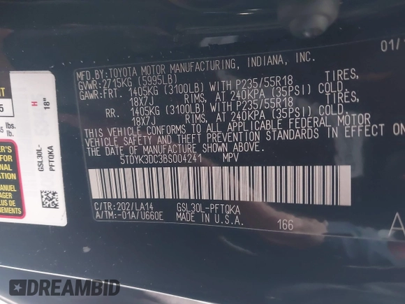 2011 Toyota Sienna XLE AAS with VIN 5TDYK3DC3BS004241, listed as a IAAI auction lot 41732296 with 173,527 mi miles and . Bid and sale history available at DreamBid. Image 9.