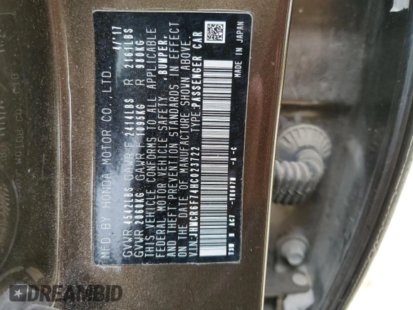 2017 Honda Accord Touring z VIN JHMCR6F74HC023722, wystawiony jako Copart lot #46122315 z przebiegiem Nie podano mil oraz Szkoda całkowita • Salvage title. Historia ofert i sprzedaży dostępna na DreamBid. Obrazek 12.