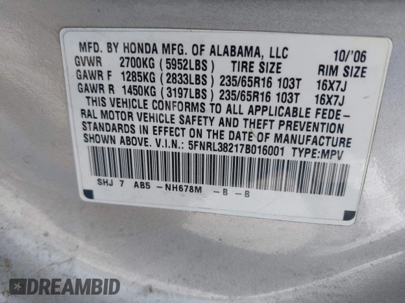 2007 Honda Odyssey LX z VIN 5FNRL38217B016001, wystawiony jako IAAI lot #42603816 z przebiegiem 209 630 mil mil oraz . Historia ofert i sprzedaży dostępna na DreamBid. Obrazek 9.