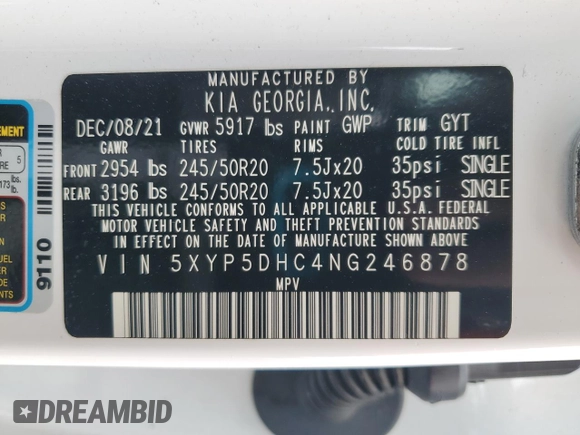 2022 Kia Telluride SX with VIN 5XYP5DHC4NG246878, listed as a Copart auction lot 53705855 with 58,265 mi miles and Salvage title. Bid and sale history available at DreamBid. Image 13.