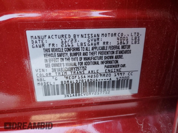 2024 Nissan Sentra SV with VIN 3N1AB8CV0RY257752, listed as a Copart auction lot 89298525 with 47,058 mi miles and Salvage Title. Bid and sale history available at DreamBid. Image 12.