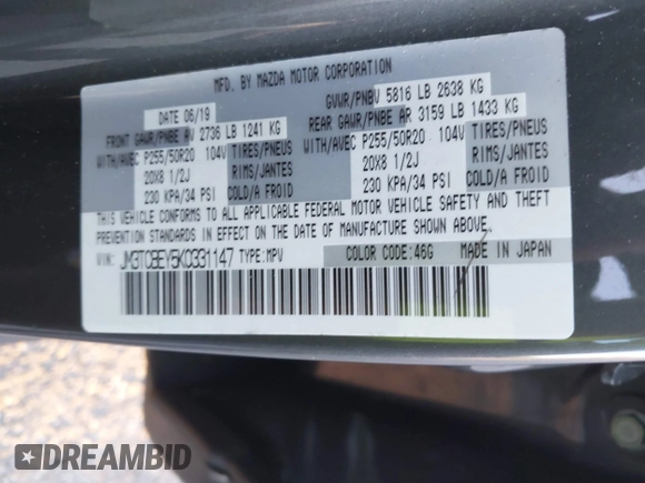 2019 Mazda CX-9 Signature with VIN JM3TCBEY5K0331147, listed as a IAAI auction lot 42026101 with 64,499 mi miles and . Bid and sale history available at DreamBid. Image 9.