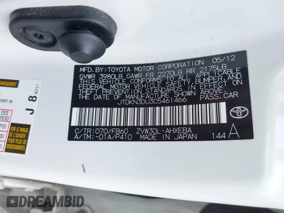 2012 Toyota Prius One z VIN JTDKN3DU3C5461466, wystawiony jako IAAI lot #42340404 z przebiegiem 130 611 mil mil oraz . Historia ofert i sprzedaży dostępna na DreamBid. Obrazek 9.
