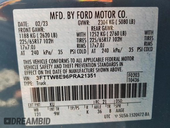 2023 Ford Maverick XL with VIN 3FTTW8E96PRA21351, listed as a Copart auction lot 51225165 with 36,387 mi miles and Salvage Title. Bid and sale history available at DreamBid. Image 13.