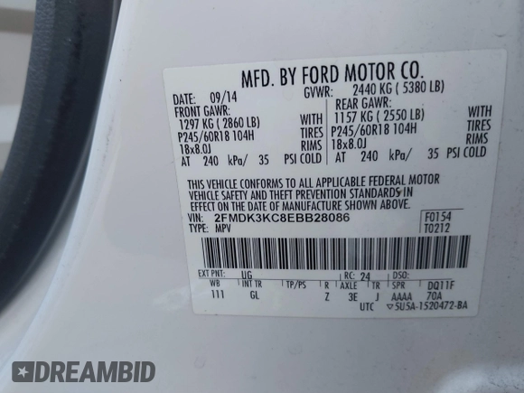 2014 Ford Edge Limited with VIN 2FMDK3KC8EBB28086, listed as a IAAI auction lot 40457084 with 1 mi miles. Bid and sale history available at carsss.com. Image 9.