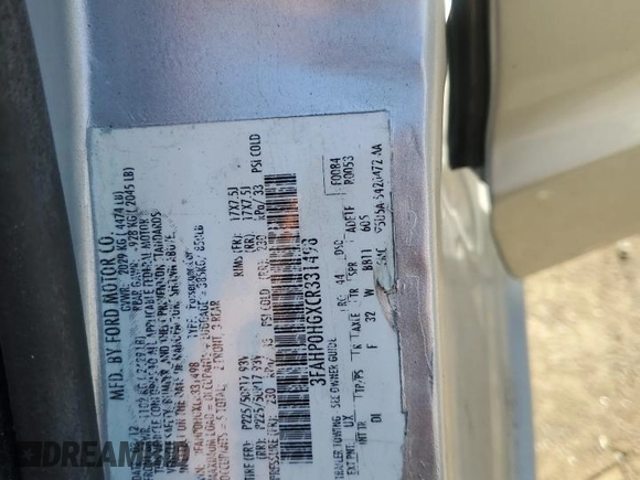 2012 Ford Fusion SE with VIN 3FAHP0HGXCR331498, listed as a Copart auction lot 61859325 with 61,445 mi miles and Salvage title. Bid and sale history available at DreamBid. Image 13.