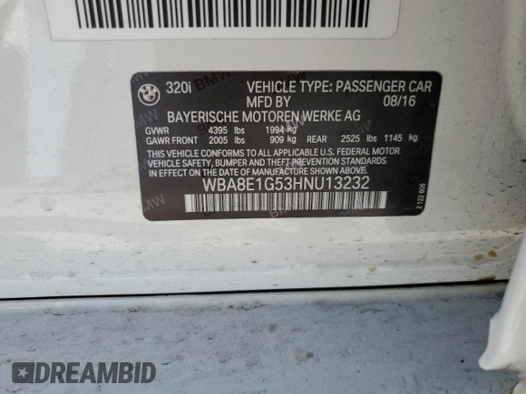 2017 BMW 3 Series 320i with VIN WBA8E1G53HNU13232, listed as a Copart auction lot 49225525 with 0 mi miles and Salvage Title. Bid and sale history available at carsss.com. Image 12.