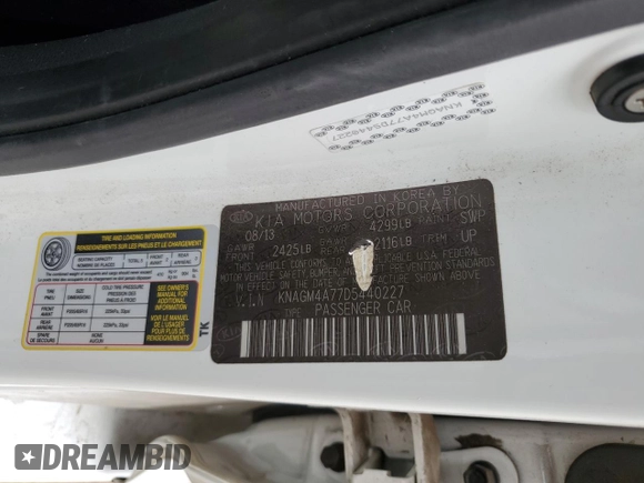2013 Kia Optima LX with VIN KNAGM4A77D5440227, listed as a Copart auction lot 49470995 with 81,140 mi miles and Salvage Title. Bid and sale history available at carsss.com. Image 12.