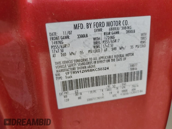 2008 Ford F-150 XL with VIN 1FTRW12W68KC50324, listed as a Copart auction lot 51295895 with 341,067 mi miles and Salvage Title. Bid and sale history available at carsss.com. Image 12.