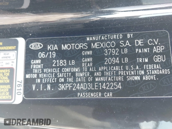 2020 Kia Forte LXS with VIN 3KPF24AD3LE142254, listed as a IAAI auction lot 41902744 with 75,000 mi miles and . Bid and sale history available at carsss.com. Image 9.