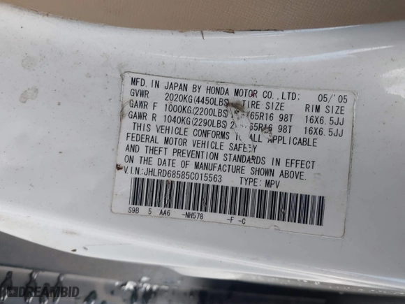 2005 Honda CR-V LX with VIN JHLRD68585C015563, listed as a IAAI auction lot 41749062 with 186,666 mi miles. Bid and sale history available at carsss.com. Image 9.