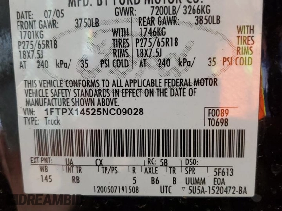 2005 Ford F-150 XLT with VIN 1FTPX14525NC09028, listed as a Copart auction lot 62164665 with Not provided miles and Clean title. Bid and sale history available at DreamBid. Image 12.