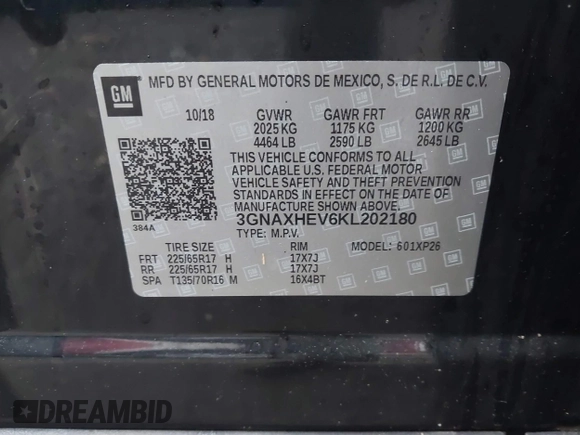 2019 Chevrolet Equinox LS with VIN 3GNAXHEV6KL202180, listed as a IAAI auction lot 42193296 with 42,567 mi miles and . Bid and sale history available at carsss.com. Image 9.