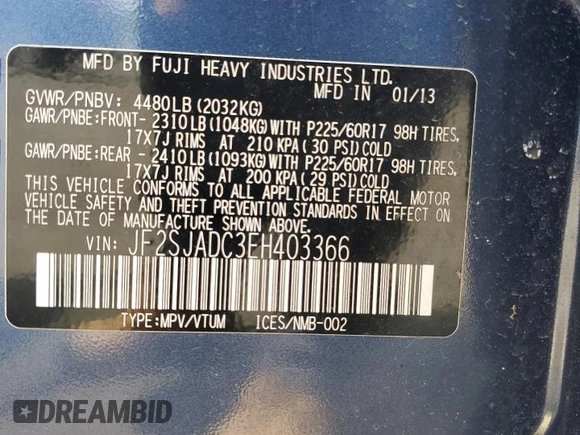 2014 Subaru Forester Premium with VIN JF2SJADC3EH403366, listed as a Copart auction lot 61463335 with 71,571 mi miles and Salvage title. Bid and sale history available at DreamBid. Image 12.