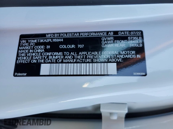 2023 Polestar 2 Performance z VIN YSMET3KA2PL115944, wystawiony jako Copart lot #45304335 z przebiegiem 8 230 mil mil oraz Szkoda całkowita • Salvage title. Historia ofert i sprzedaży dostępna na DreamBid. Obrazek 14.