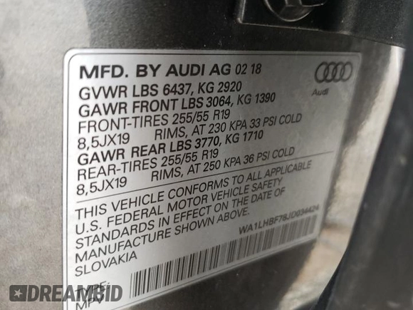 2018 Audi Q7 with VIN WA1LHBF78JD034424, listed as a Copart auction lot 36938824 with 70,115 mi miles and . Bid and sale history available at DreamBid. Image 14.