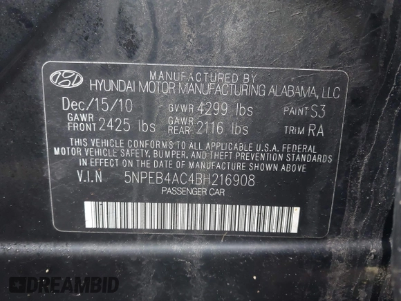 2011 Hyundai Sonata GLS with VIN 5NPEB4AC4BH216908, listed as a IAAI auction lot 42001947 with 253,837 mi miles and . Bid and sale history available at carsss.com. Image 9.