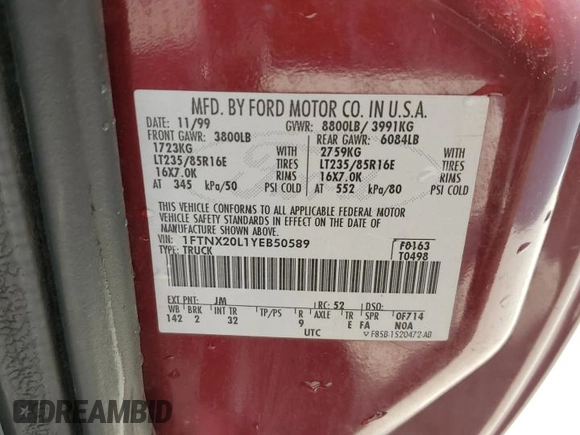2000 Ford F-250 XL with VIN 1FTNX20L1YEB50589, listed as a Copart auction lot 63743775 with 105,448 mi miles and Salvage title. Bid and sale history available at DreamBid. Image 12.