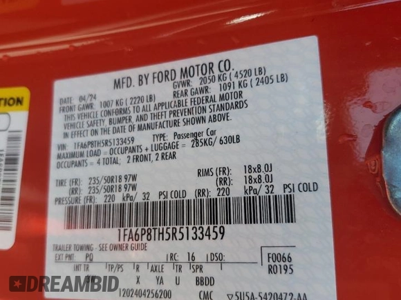 2024 Ford Mustang EcoBoost with VIN 1FA6P8TH5R5133459, listed as a Copart auction lot 61395845 with 27,489 mi miles and Salvage title. Bid and sale history available at DreamBid. Image 13.
