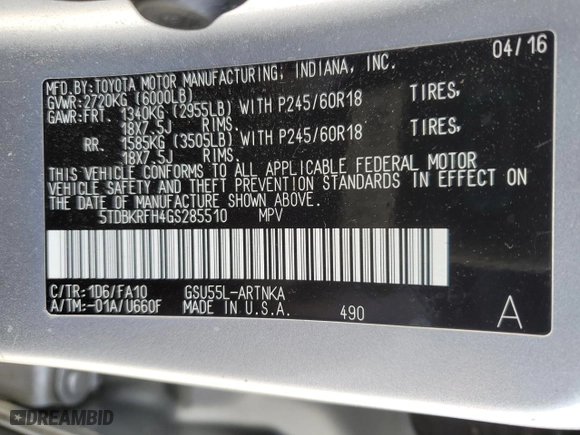 2016 Toyota Highlander LE with VIN 5TDBKRFH4GS285510, listed as a Copart auction lot 48464045 with 106,744 mi miles and Salvage Title. Bid and sale history available at carsss.com. Image 13.