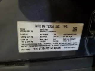 2021 Tesla Model S Long Range with VIN 5YJSA1E51MF429302, listed as a Copart auction lot 58242465 with 148,472 mi miles and Salvage title. Bid and sale history available at DreamBid. Image 13.