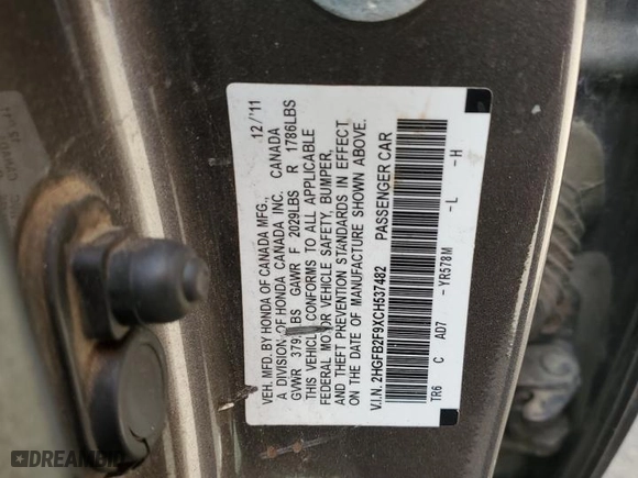 2012 Honda Civic Sdn EX-L with VIN 2HGFB2F9XCH537482, listed as a Copart auction lot 49638505 with 258,350 mi miles and Salvage Title. Bid and sale history available at carsss.com. Image 14.