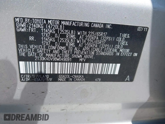 2011 Toyota RAV4 Ltd with VIN 2T3DK4DV9BW049091, listed as a IAAI auction lot 41863538 with 155,893 mi miles. Bid and sale history available at carsss.com. Image 9.