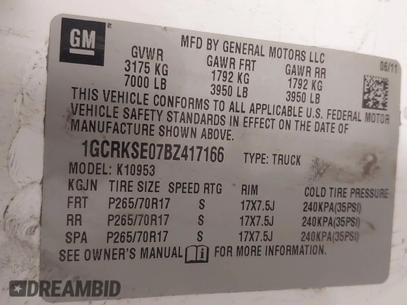 2011 Chevrolet Silverado 1500 LT with VIN 1GCRKSE07BZ417166, listed as a IAAI auction lot 41587194 with 194,863 mi miles and . Bid and sale history available at DreamBid. Image 9.