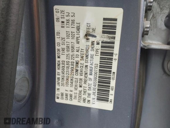 2008 Honda CR-V EX with VIN JHLRE48598C007753, listed as a Copart auction lot 48433655 with 180,032 mi miles and Salvage Title. Bid and sale history available at DreamBid. Image 15.