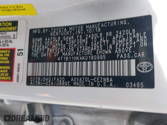 2019 Toyota Camry LE with VIN 4T1B11HK4KU180995, listed as a IAAI auction lot 42088737 with 133,813 mi miles and . Bid and sale history available at DreamBid. Image 9.