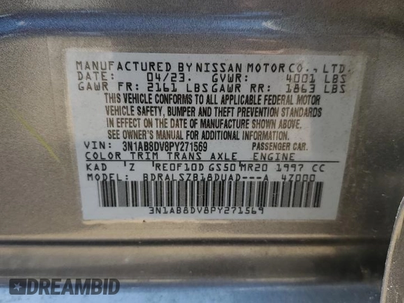 2023 Nissan Sentra SR with VIN 3N1AB8DV8PY271569, listed as a Copart auction lot 52112895 with 30,470 mi miles and Salvage Title. Bid and sale history available at DreamBid. Image 15.