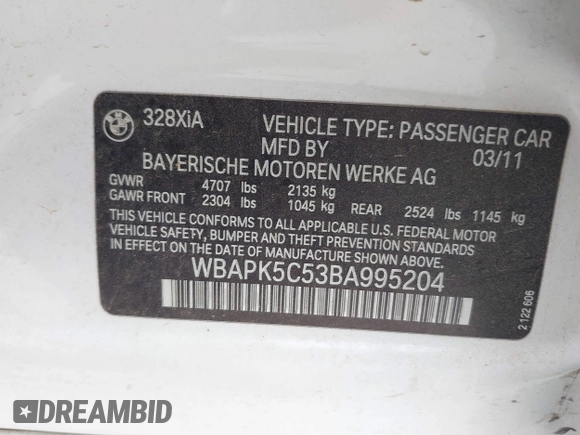 2011 BMW 3 Series 328i xDrive with VIN WBAPK5C53BA995204, listed as a IAAI auction lot 41940438 with 160,879 mi miles. Bid and sale history available at carsss.com. Image 9.