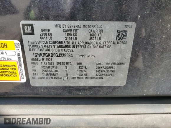2016 Chevrolet Traverse LT with VIN 1GNKRGKD0GJ239034, listed as a Copart auction lot 48571635 with 131,749 mi miles and Salvage Title. Bid and sale history available at carsss.com. Image 14.
