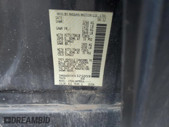 2012 Nissan Titan S with VIN 1N6AA0EC0CN325059, listed as a Copart auction lot 84828374 with 148,856 mi miles and Salvage Title. Bid and sale history available at carsss.com. Image 14.