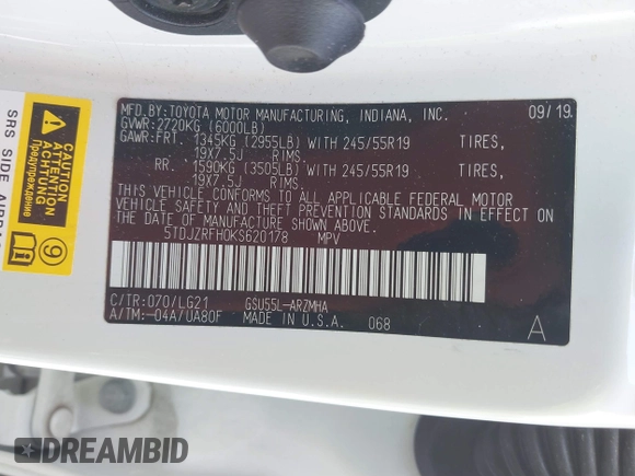 2019 Toyota Highlander SE with VIN 5TDJZRFH0KS620178, listed as a IAAI auction lot 41829974 with 73,701 mi miles. Bid and sale history available at carsss.com. Image 9.