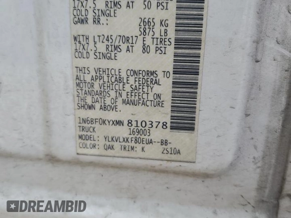 2021 Nissan NV Cargo SV с VIN 1N6BF0KYXMN810378, выставлен на аукционе Copart как лот 80171284 с пробегом 105 208 миль миль и Списание • Salvage title. История ставок и продаж доступна на DreamBid. Изображение 13.