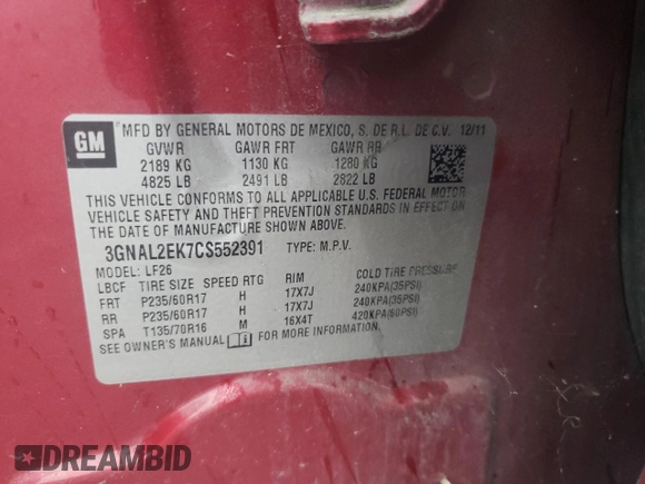 2012 Chevrolet Captiva Sport LS with VIN 3GNAL2EK7CS552391, listed as a Copart auction lot 65652074 with 196,339 mi miles and Salvage Title. Bid and sale history available at DreamBid. Image 13.