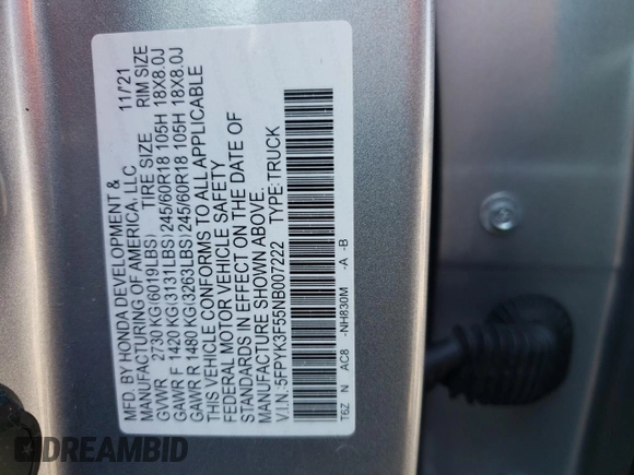 2022 Honda Ridgeline RTL z VIN 5FPYK3F55NB007222, wystawiony jako Copart lot #49155355 z przebiegiem 38 758 mil mil oraz Szkody całkowita. Historia ofert i sprzedaży dostępna na DreamBid. Obrazek 12.