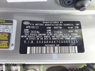 2012 Kia Optima SX with VIN 5XXGR4A67CG066935, listed as a IAAI auction lot 41989589 with 80,420 mi miles and . Bid and sale history available at carsss.com. Image 9.