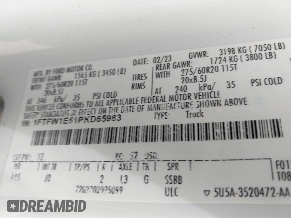 2023 Ford F-150 XL with VIN 1FTFW1E51PKD65983, listed as a IAAI auction lot 41912565 with 79,065 mi miles and . Bid and sale history available at DreamBid. Image 9.