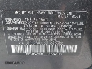 2013 Subaru Crosstrek Premium with VIN JF2GPACC6D1848066, listed as a IAAI auction lot 42359354 with 173,650 mi miles and . Bid and sale history available at DreamBid. Image 9.