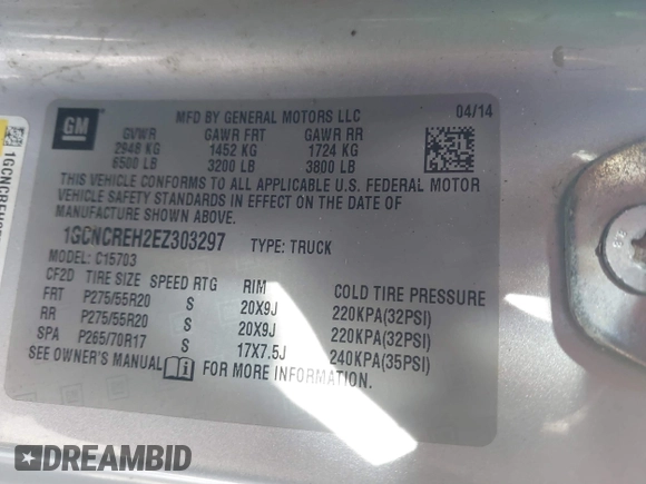 2014 Chevrolet Silverado 1500 with VIN 1GCNCREH2EZ303297, listed as a IAAI auction lot 41692877 with 115,621 mi miles and . Bid and sale history available at DreamBid. Image 9.