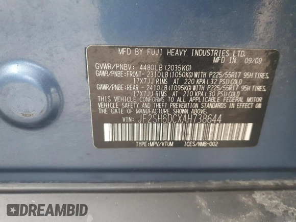 2010 Subaru Forester X Limited with VIN JF2SH6DCXAH738644, listed as a Copart auction lot 50980395 with 173,666 mi miles and Clean Title. Bid and sale history available at DreamBid. Image 12.